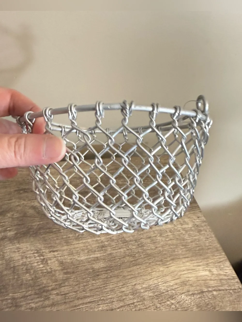 Small Silver Wire Basket Made in India 5.5x3.5” has Handle Chainlink